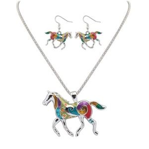 Vivid Colorful Horse Necklace Earring Jewelry Set
